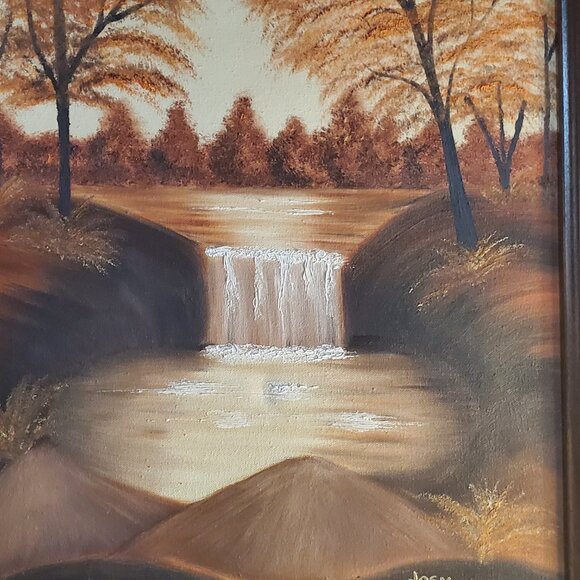 Vintage Original Oil On Canvas in Frame - Fall Lake Waterfall Scene - Signed - Picture 5 of 6